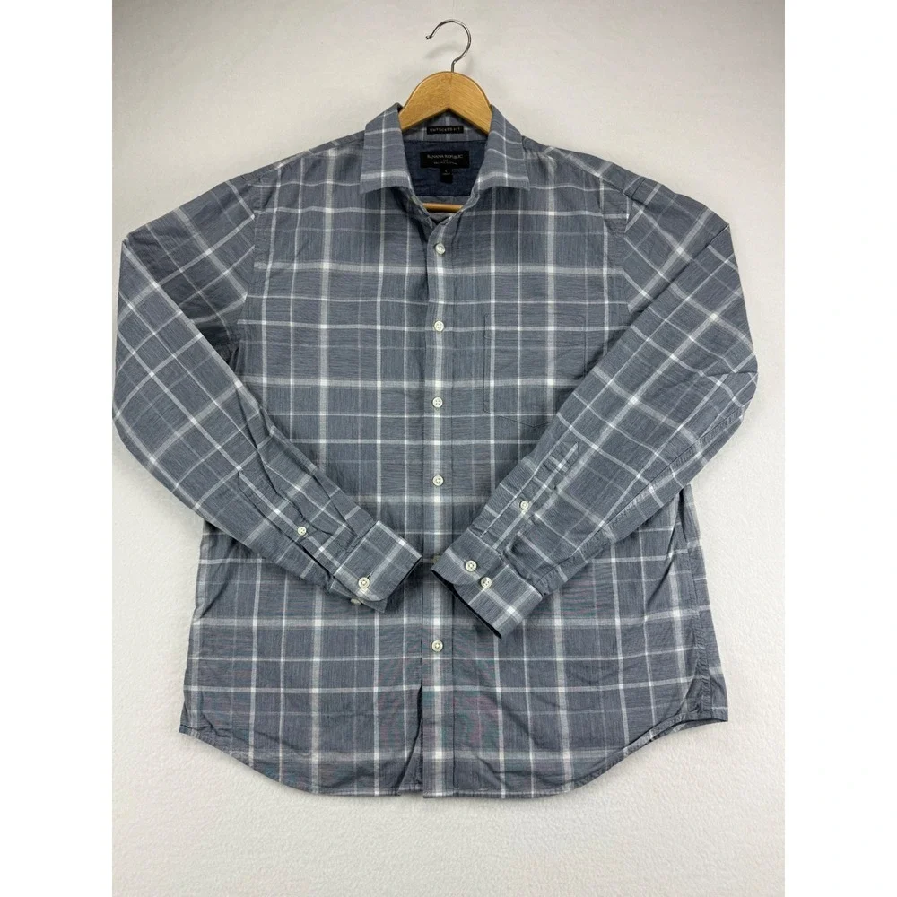 Banana Republic Shirt‎ Mens Large Blue Plaid Organic Cotton Untucked Fit LS
